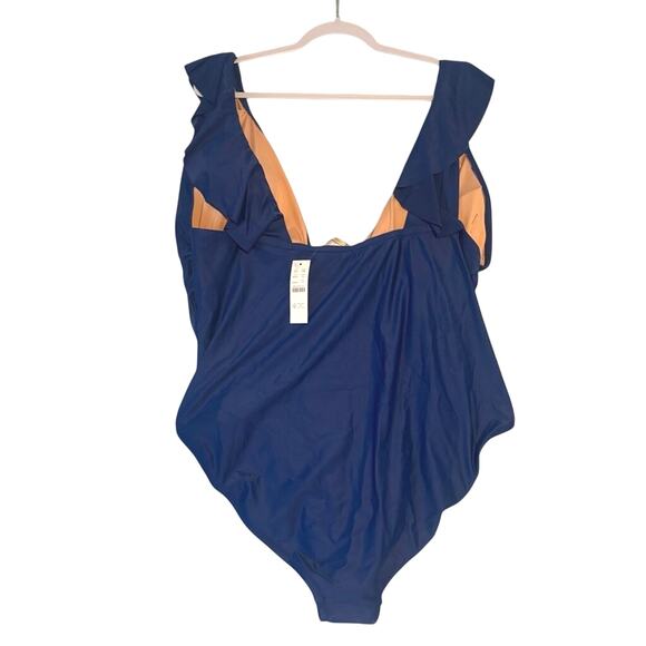 NWT J.Crew Blue Ruched Ruffle V-Neck One Piece Swimsuit Women’s 24 - Picture 5 of 6